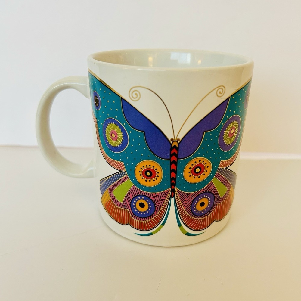Laurel Burch Coffee Mug Cup Summer Butterfly 1989 Japan Gold Vintage Colorful